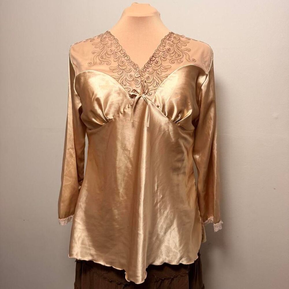 Coquette Y2K Champagne Satin Lace Trim Long Sleeve Top Est. Size M-L